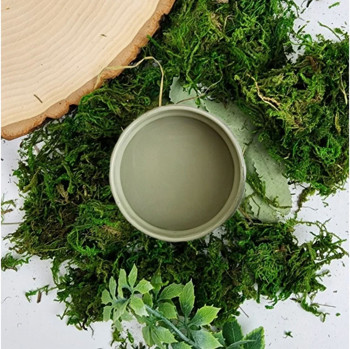 A small pot of green paint surrounded by moss. Paint Couture