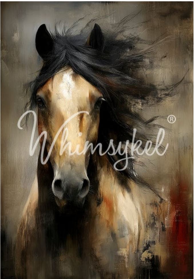 An expressive painting of a horse head and neck, rendered in warm beige, brown, black, and gray tones with a white 'Whimsykel' watermark across the center. 