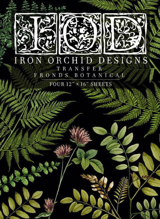 An assortment of ferns in different shades of green on Iron Orchid Designs Fronds Botanical transfer front of packet