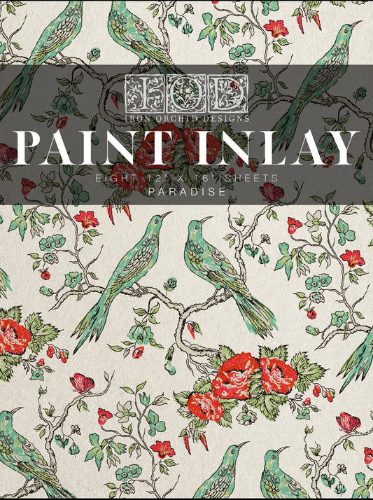 Blue birds, red flowers and green leaves on a white background from Iron Orchid Designs paradise paint Inlay front cover