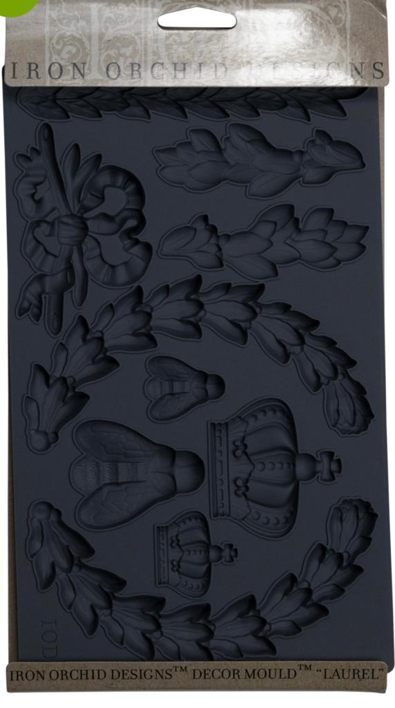 Iron Orchid Designs Laurel grey Mould front of packet showing designs of bees, laurel wreath, swags and bows