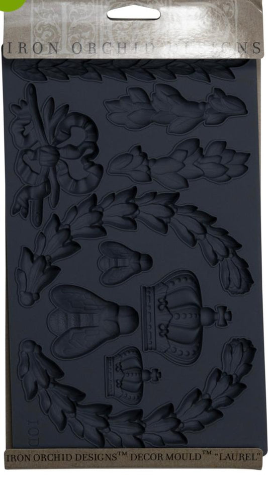 Iron Orchid Designs Laurel grey Mould front of packet showing designs of bees, laurel wreath, swags and bows