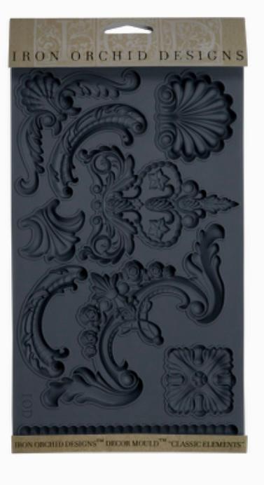 Iron Orchid Designs Classic Elements Mould front of packet showing intricate classical designs of shells, swags, florals