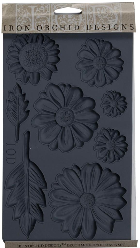 Iron Orchid designs floral grey He Loves Me Mould front of packet featuring daisy designs