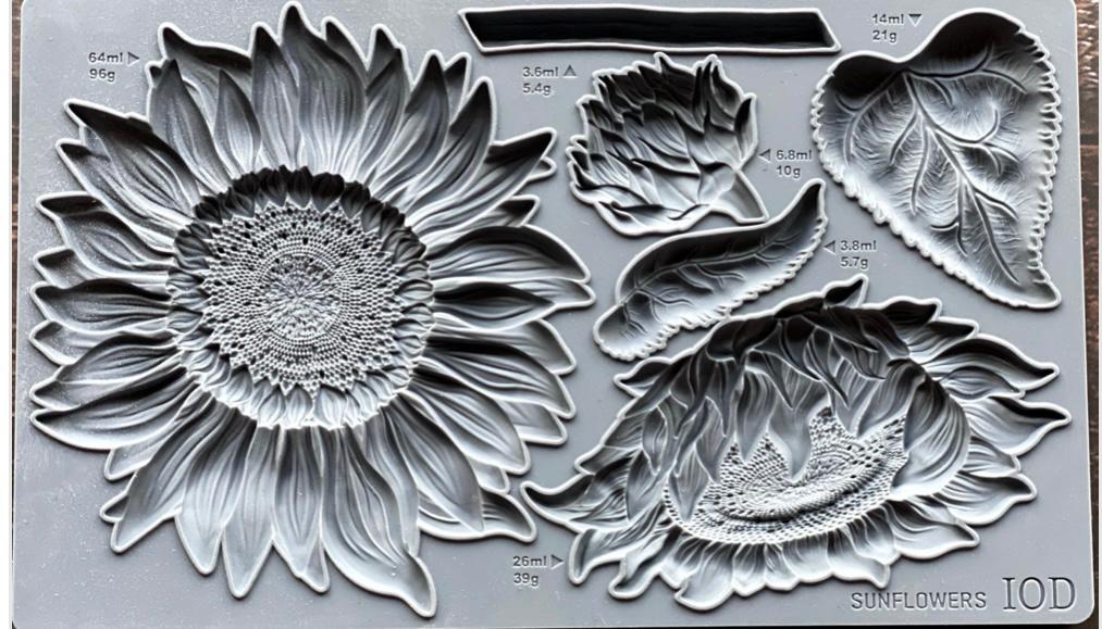 Iron Orchid Designs Sunflowers grey Mould showing intricately designed big beautiful sunflowers and leaves