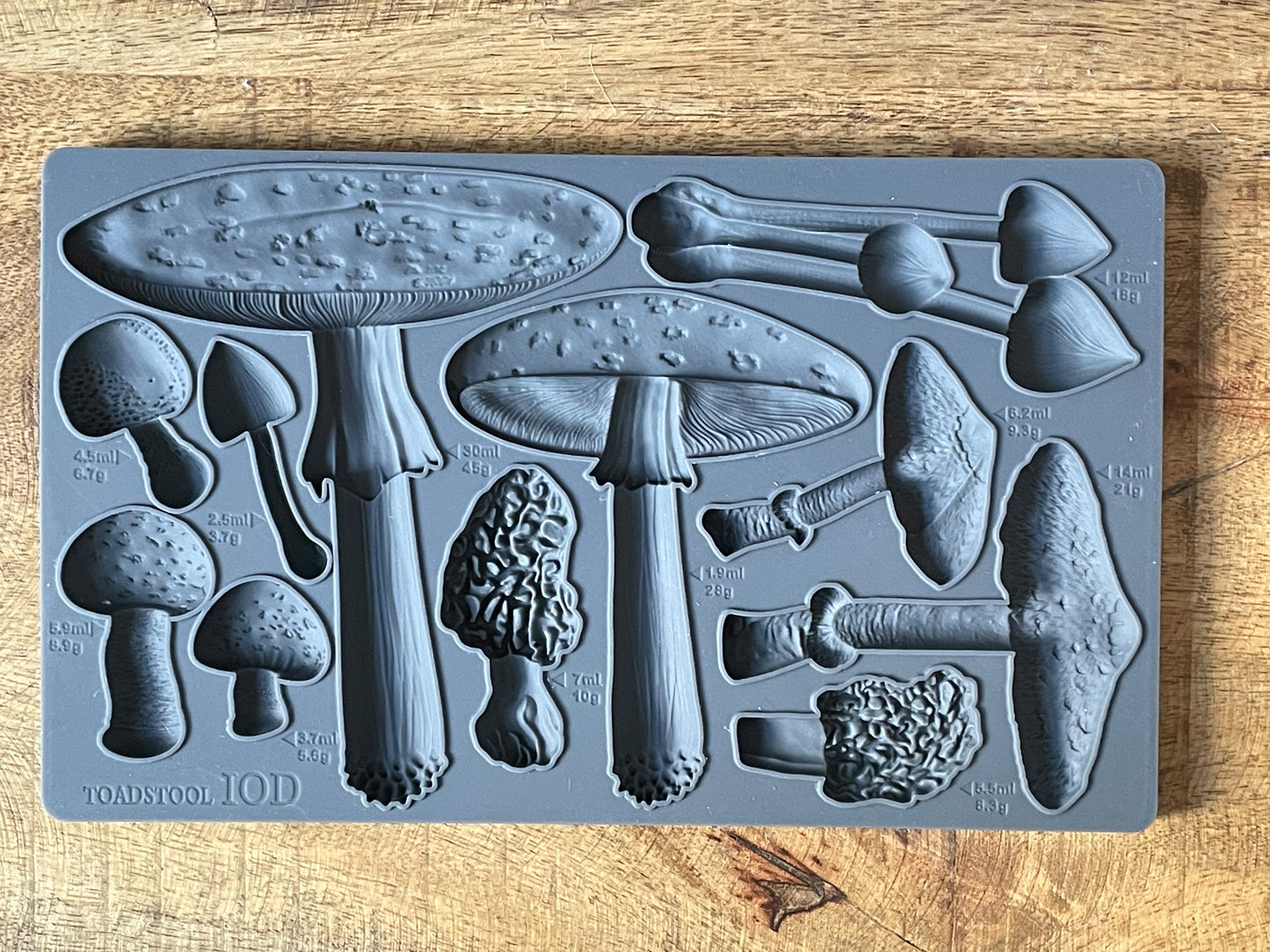 Iron Orchid Designs Toadstool grey Mould laying on a wooden surface