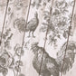Iron Orchid Designs La Campagne Stamp used as a wallpaper effect with light brown cockerels and flowers with a pale background
