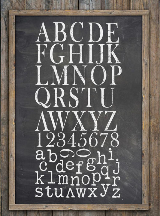 Iron Orchid Designs Typesetting, alphabet, typography 12" x !2" stamps. White letters in upper and lower case with white numbers on a blackboard