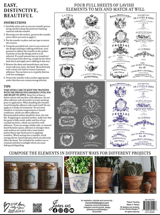 Iron Orchid Designs Traditional Pots Labels Transfer back of packet