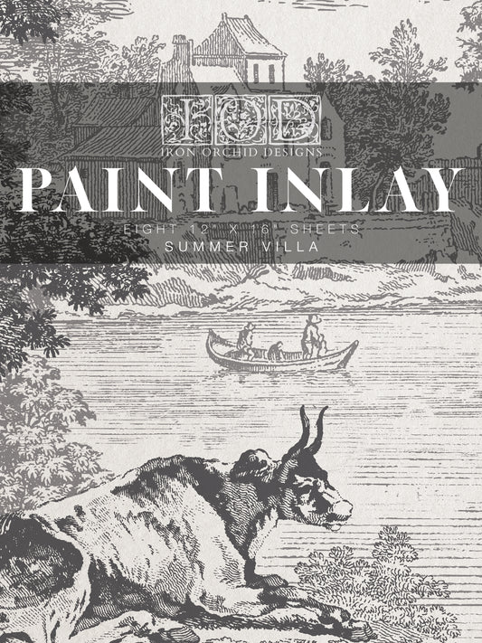 Black and white images of a cow and pastoral scene from Iron Orchid Designs Summer Villa Paint Inlay