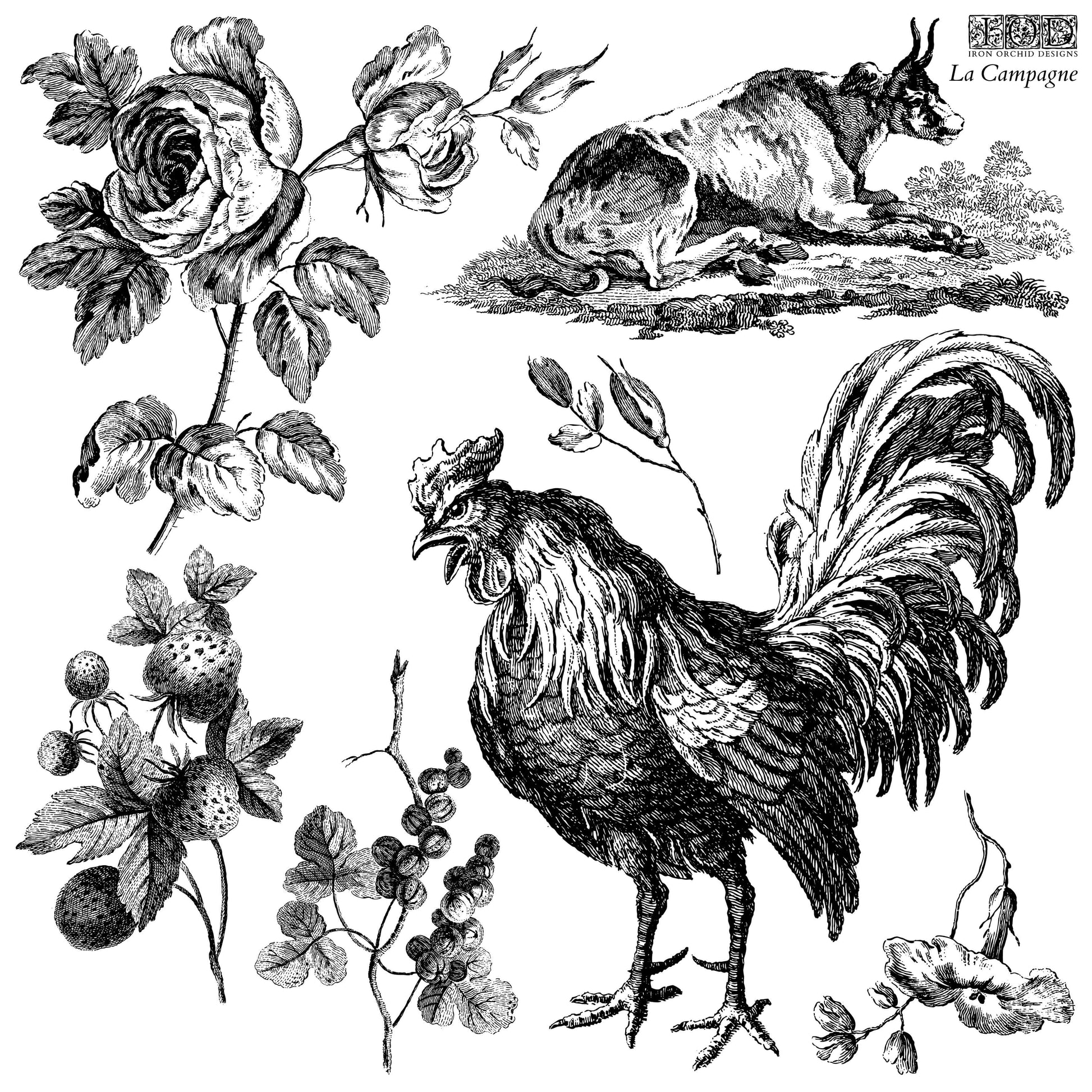Large cockerel with leaves and florals on Iron Orchid Designs La Campagne stamp sheet one