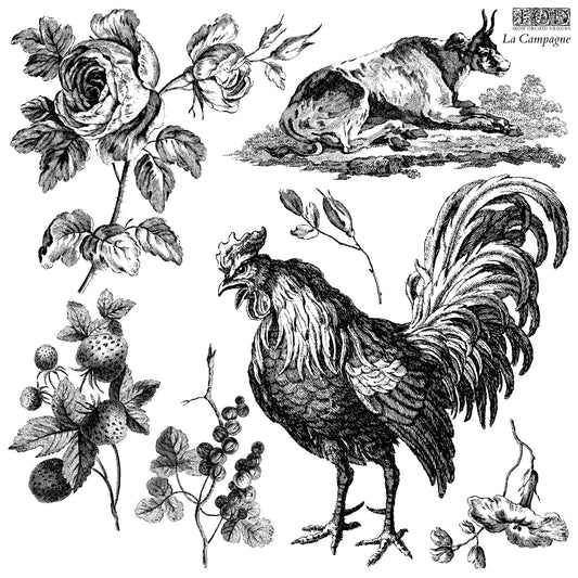 Large cockerel with leaves and florals on Iron Orchid Designs La Campagne stamp sheet one
