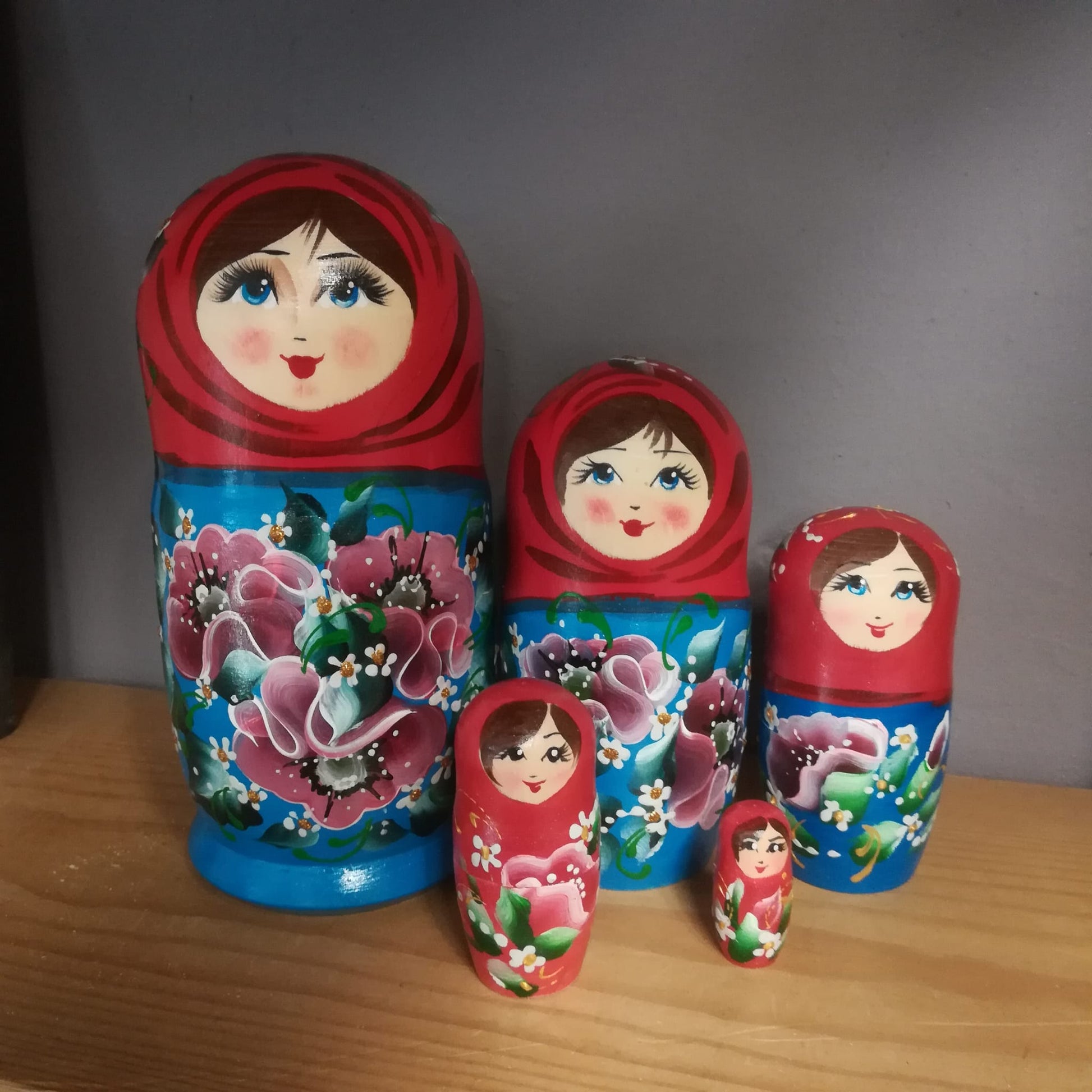 Large Matryoshka Russian Doll Red Blue with Pink Flowers