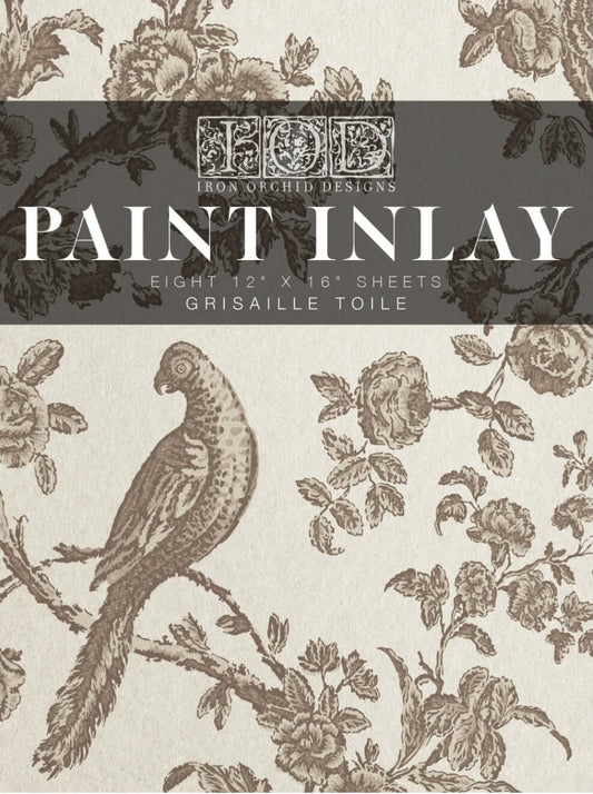 Light brown birds, branches and florals on Iron Orchid Designs Grisaille paint Inlay front of packet