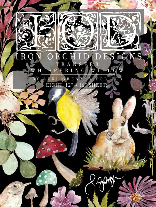 Rabbit, hedgehog, toadstool, cute images on the cover of Iron Orchid Designs Whispering Willow Transfer front of packet